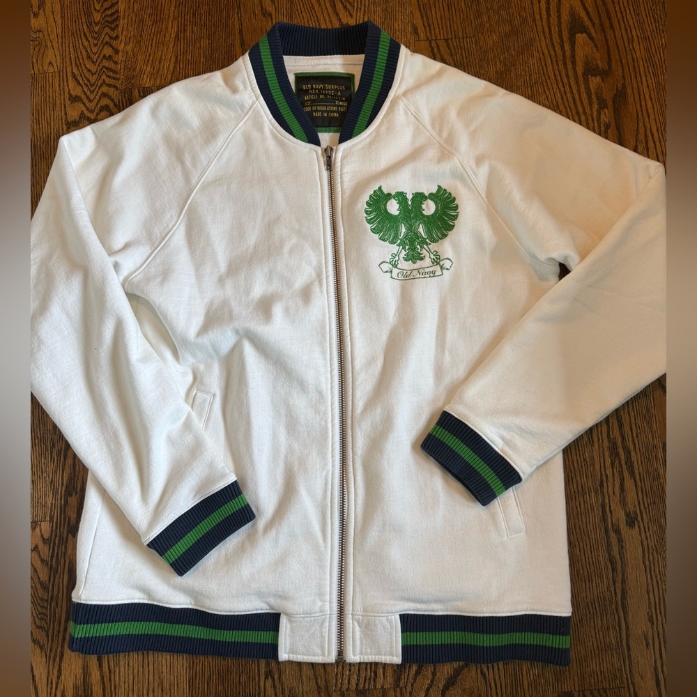 Old Navy surplus y2k varsity sweatshirt jacket white green XL - Picture 1 of 5